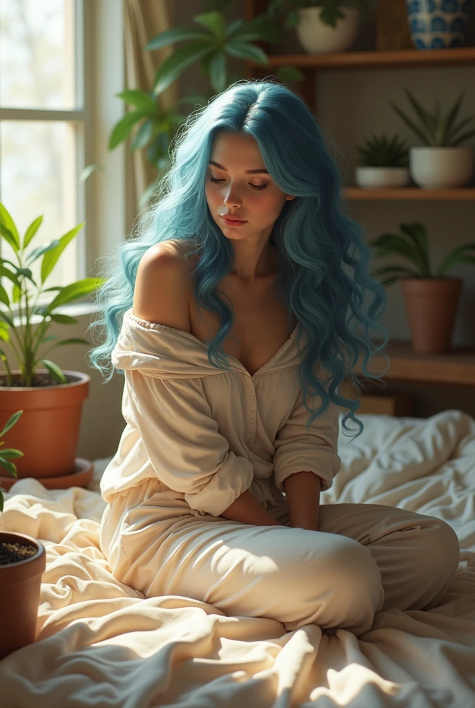 (photorealism:1.2), beautiful British white skin tone woman, sitting on bed, wearing loose off-shoulder top, pajama pants, long curly blue hair, indoors, soft lighting, plants in background, window with sunlight, cozy room, relaxed pose, realistic, intricate details, warm colors, by Greg Rutkowski, by Alphonse Mucha