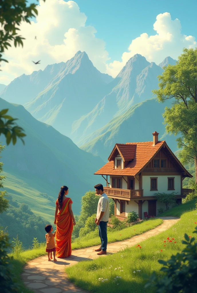 Two floor home around mountain and a happy women in sari and a two child and handsome husband