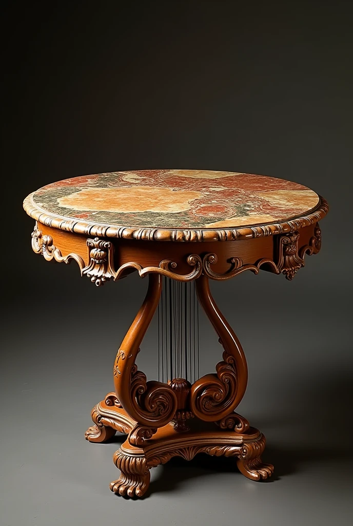 Lyre-shaped turned table in baroque style, with colored marble finish