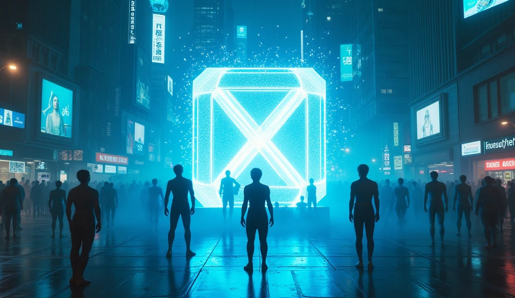 sky view to the city, a group of sci-fi group of male dancer are floating dancing above of a giant cube hologram logo with the words "UrBox" in the wide growded street, The hologram logo explodes and emits an all-encompassing blue light between cyberpunk buildings. Lighting: Dark colors, faint blue lights from billboards. Effects: LED strips on the device gradually glow. Special: The scene evokes a sense of suspense and anticipation.