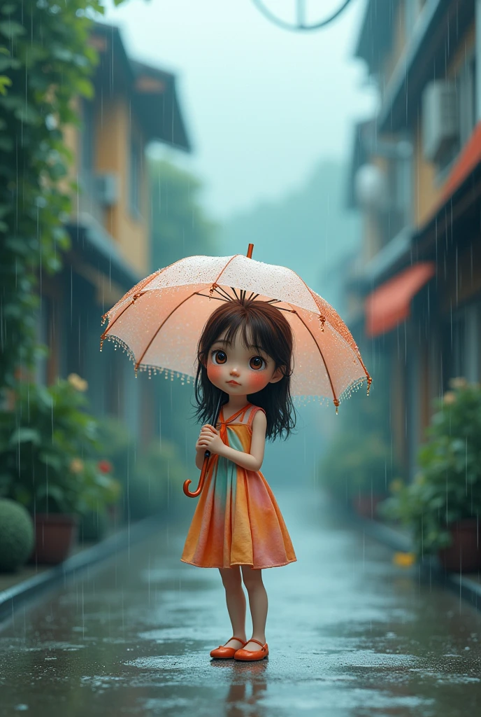 A cute girl standing in rain with umbrella