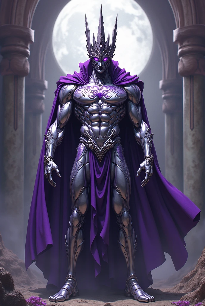 A male stand with no mouth from JOJO's bizzare adventure who colors of silver and purple a masculine body and a crown