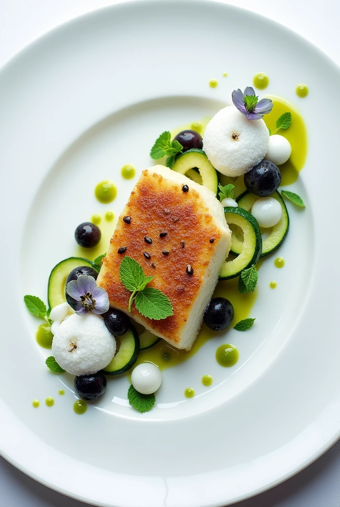 Zucchini and hake rose, accompanied by white spherifications of coconut, blueberry air, and mint sauce.