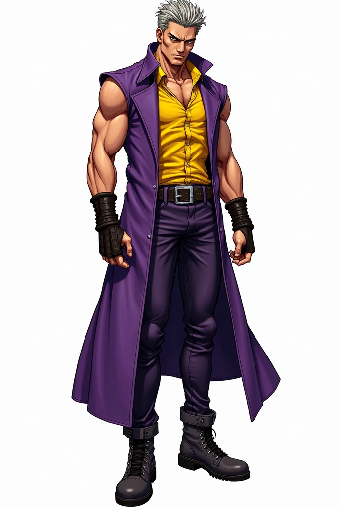 JJBA style, full body image, masterpiece, ultra-detailed, purple sleeveless trench coat, man, leather wristbands, White background, Tactical Boots, shirt #ffba00, JJBA style clothing
