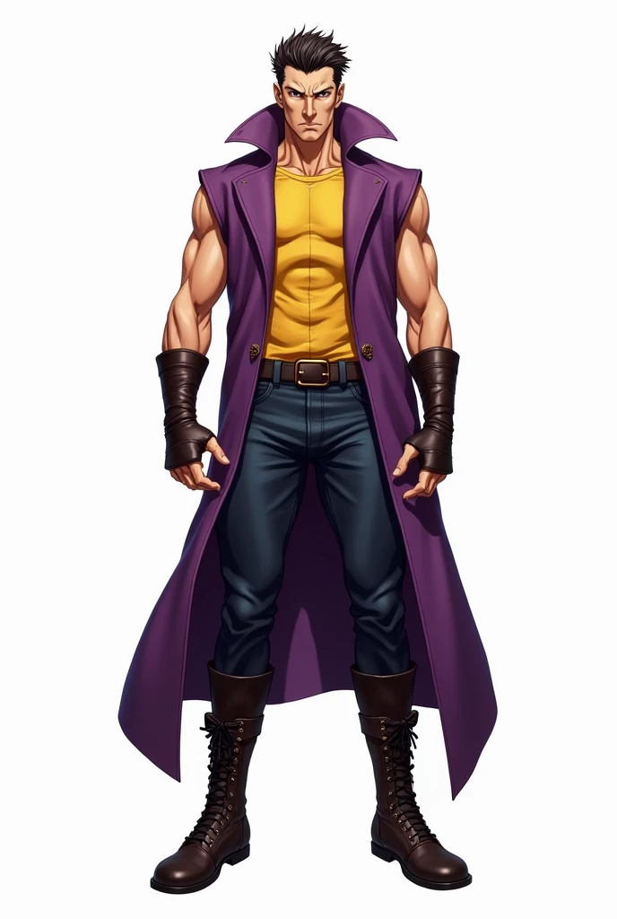 JJBA style, full body image, masterpiece, ultra-detailed, purple sleeveless trench coat, man, leather wristbands, White background, Tactical Boots, shirt #ffba00, JJBA style clothing