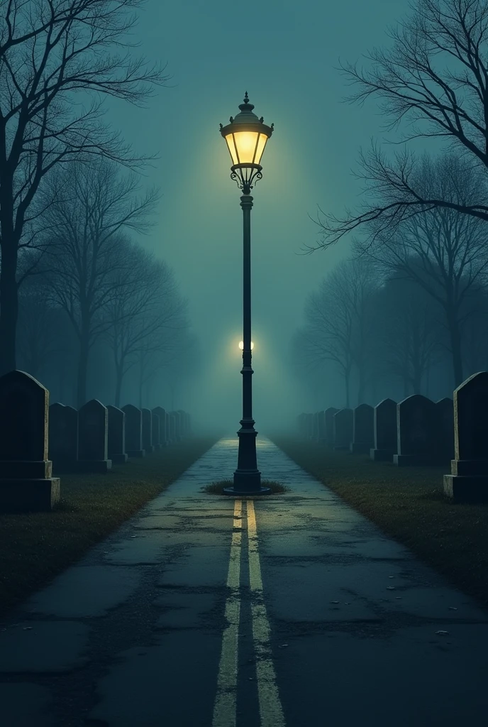 There is a lamppost at the intersection of only three roads. There are cemeteries on both sides of the middle road.size9.16