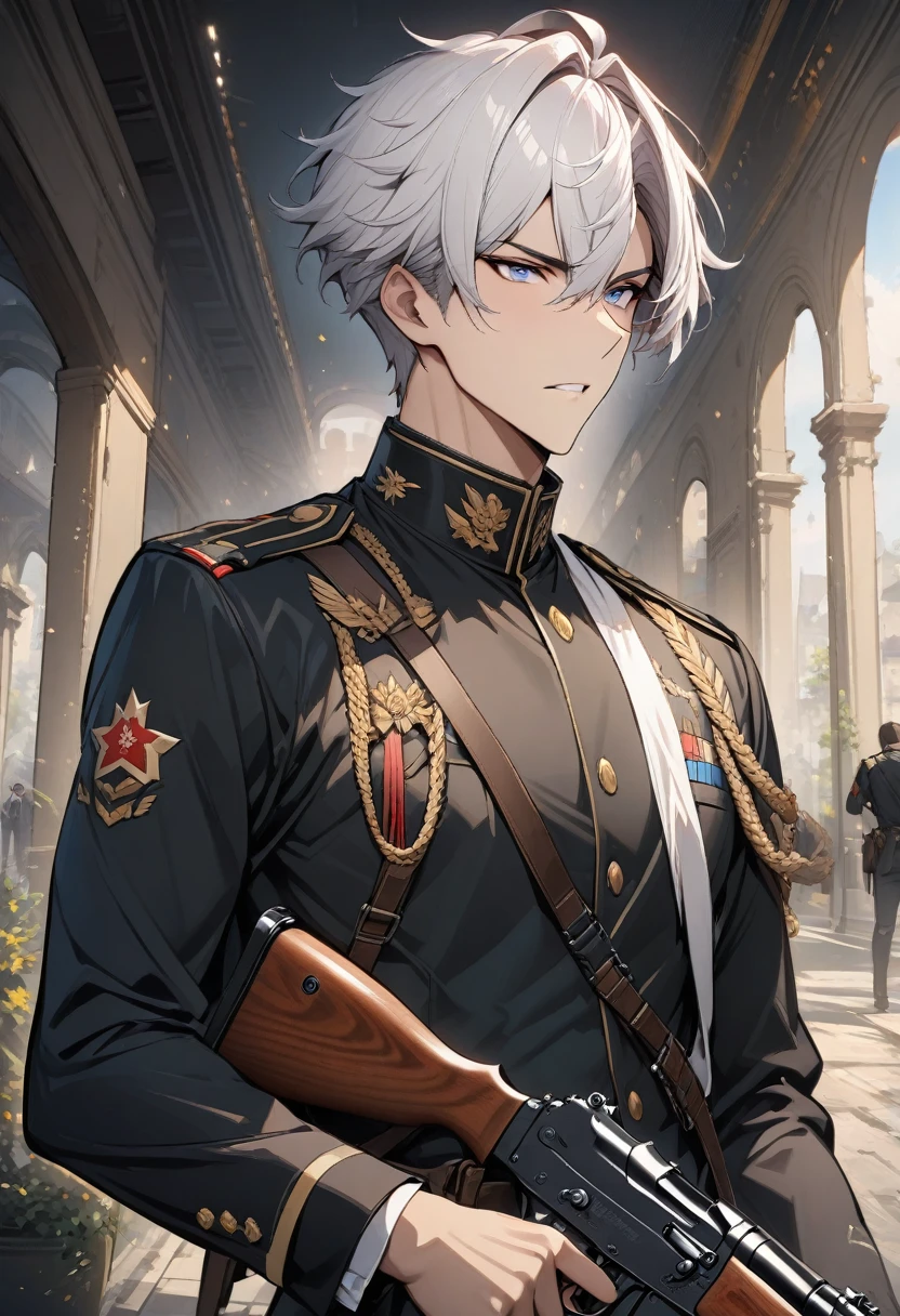 masterpiece, best quality, 1 boy, Cowboy shooting, exquisite eyes, Uniform, AK 47, AKM, Kalashnikov_rifle, assault_rifle, Keep_gun white hair
