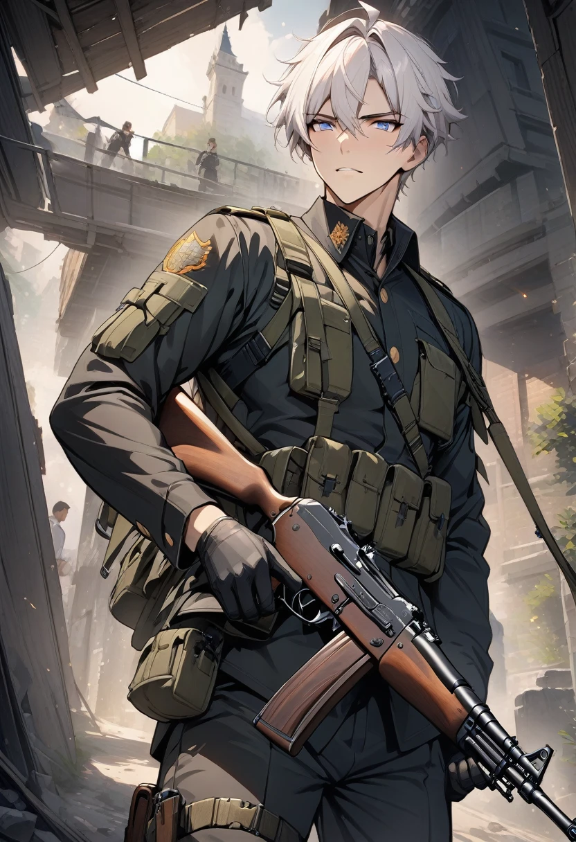 masterpiece, best quality, 1 boy, Cowboy shooting, exquisite eyes, Uniform, AK 47, AKM, Kalashnikov_rifle, assault_rifle, Keep_gun white hair