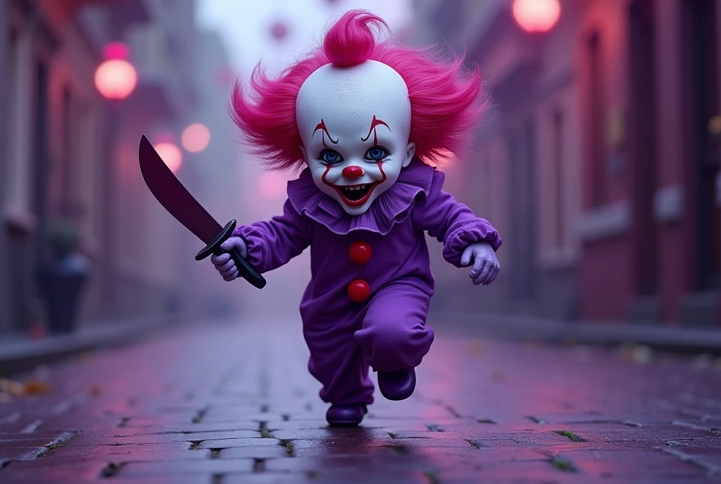 Purple creepy dagger masked cute clown running background
