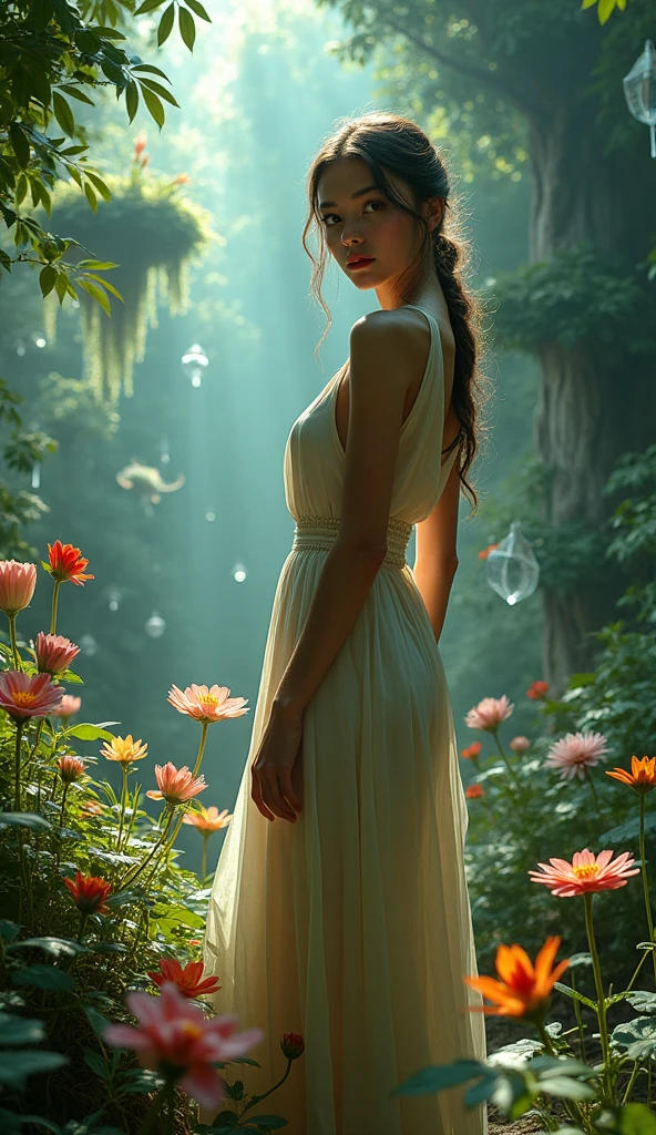 A surreal and dreamlike garden, (1girl, detailed beautiful eyes, detailed beautiful lips, extremely detailed face, long eyelashes, elegant dress, cinematic lighting, dramatic pose:1.2), (impressionist, surrealism, highly detailed:1.4), (hdr, 8k, best quality, cinematic, photorealistic:1.6), vibrant colors, lush foliage, ethereal atmosphere, floating islands, glowing crystals, dramatic lighting, whimsical elements