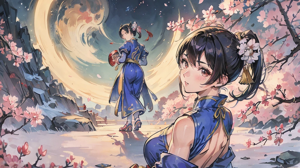 Street Fighter Chun-Li　anime　Cherry Blossoms at Night　Looking Back　moon　China dress　human　1 person 　Person big
