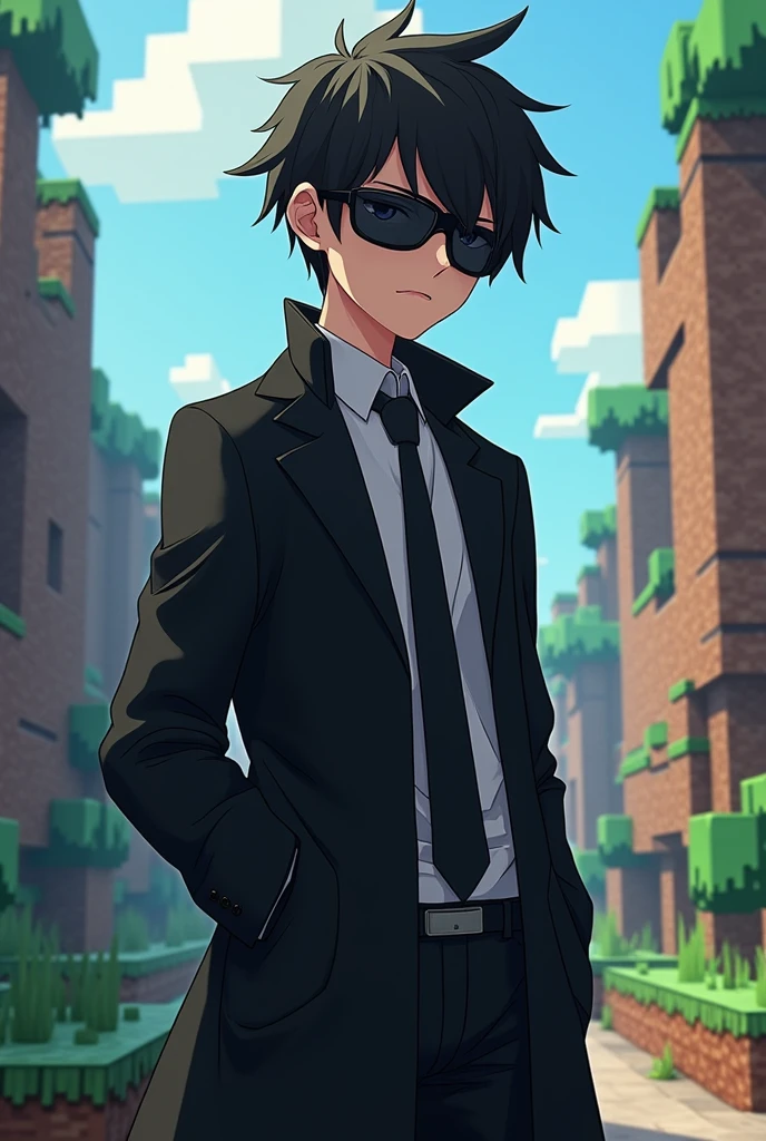 A boy wearing black jakat,a black sunglass,anime Type, black tai, mincraft theme