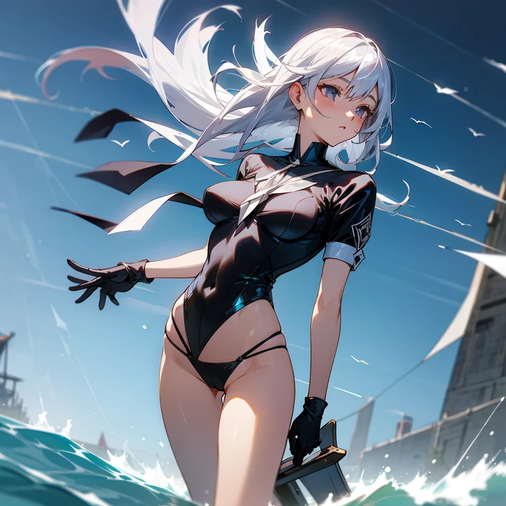 silver hair, fly away, pretty, medium breasts, flashy bust, black thong, regatta, deitada em uma cama, suada
