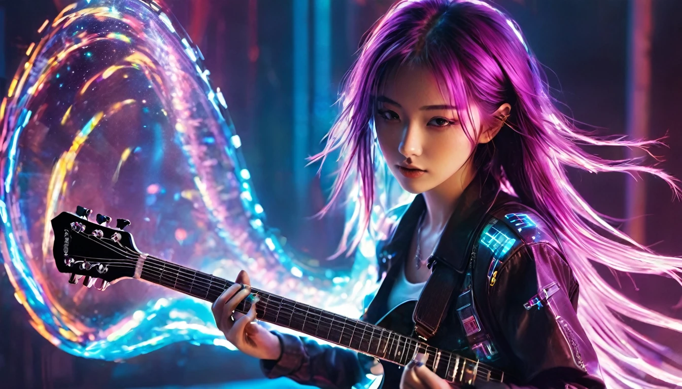 1 girl,beautiful,cyberpunk style,Bling Bling Bling Bling,motion blur,strumming the guitar,Cinematic lighting effects