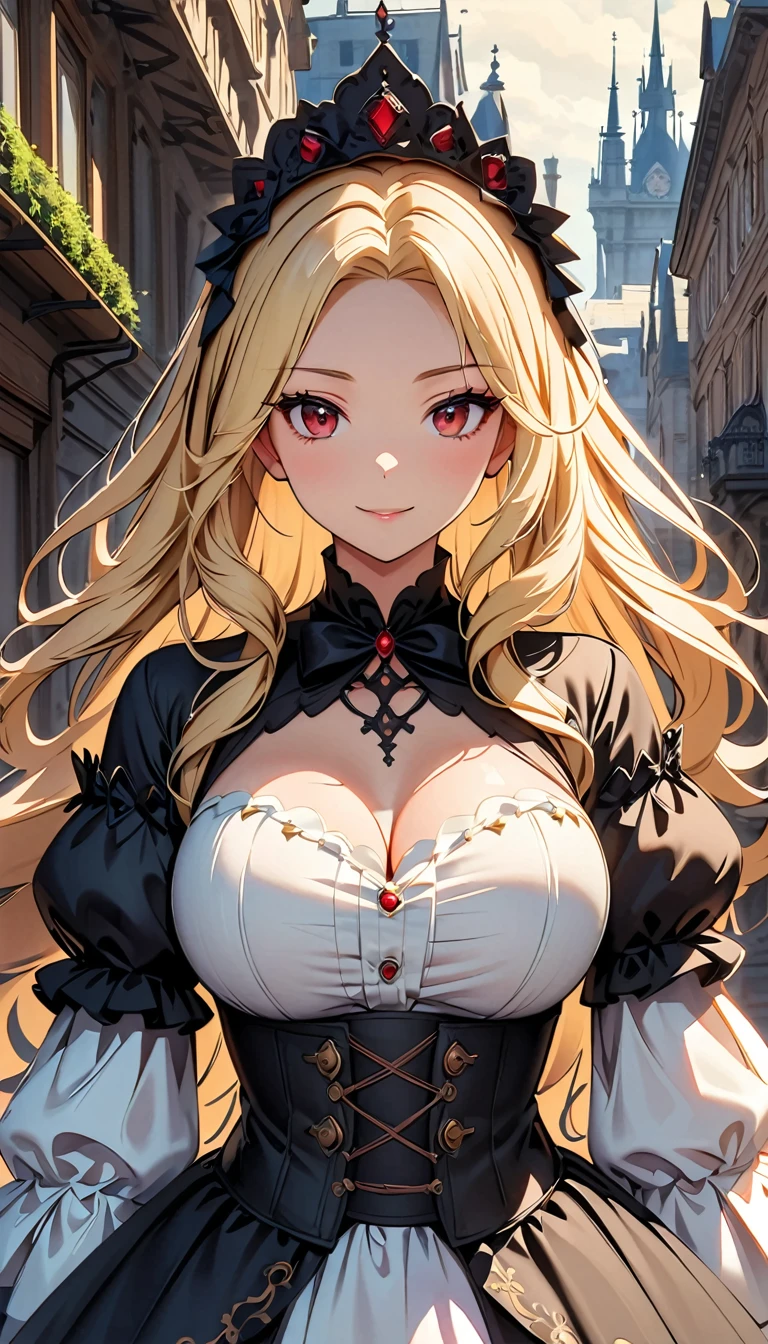 Woman in dress and boots , Baroque Dress, Wearing an elaborate steampunk dress, Elegant Gothic Princess, Victorian Gothic Fashion, historical Baroque Dress dark, Black Gothic Dress, Fantasy style clothing, Rococo Dress, Black Rococo, Fantasy Costume, wearing a Gothic Dress, Romantic Dresses, Gothic Dress,blonde,,(((Upper body portrait))),Red eyes,city,Big Breasts