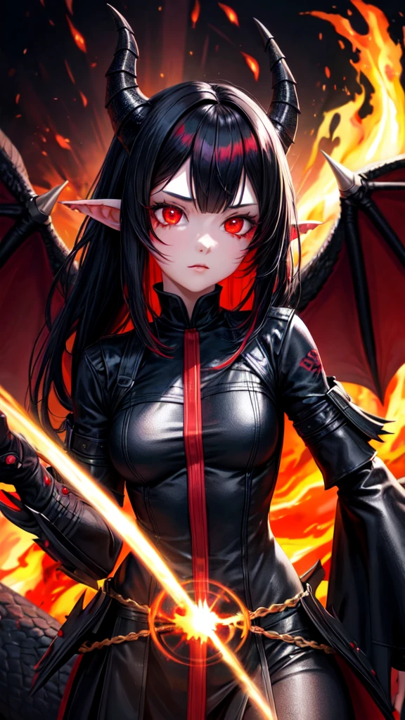 1girl, black hair, black dragon horn on her head, abbys, monster girl, all red eyes with blavk pupil, fire, blood, light particles, light rays, wallpaper, high contrast, colorful,