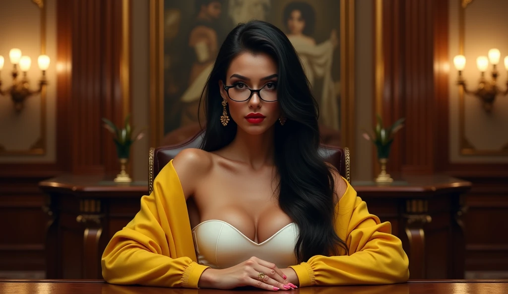 ultra realistic, photography, long black straight hair, elegant hair, (30 years old, hazel eyes, hourglass figure, perfect fit body, natural big breasts), firtatious look, crimson red lipstick, femme fatale, long eyelashes, cat-eye make-up, (best quality,4k,8k,highres,masterpiece:1.2),ultra-detailed, secretary, female, she is wearing glasses, short white dress, Yellow overshirt, black pantyhose, heels, sitting at the front desk of huge law firm, HDR, 8k, absurdres, cinestill 800, sharp focus, add_detail:2, (solo, woman), full body, wide angle, extreme wide angle