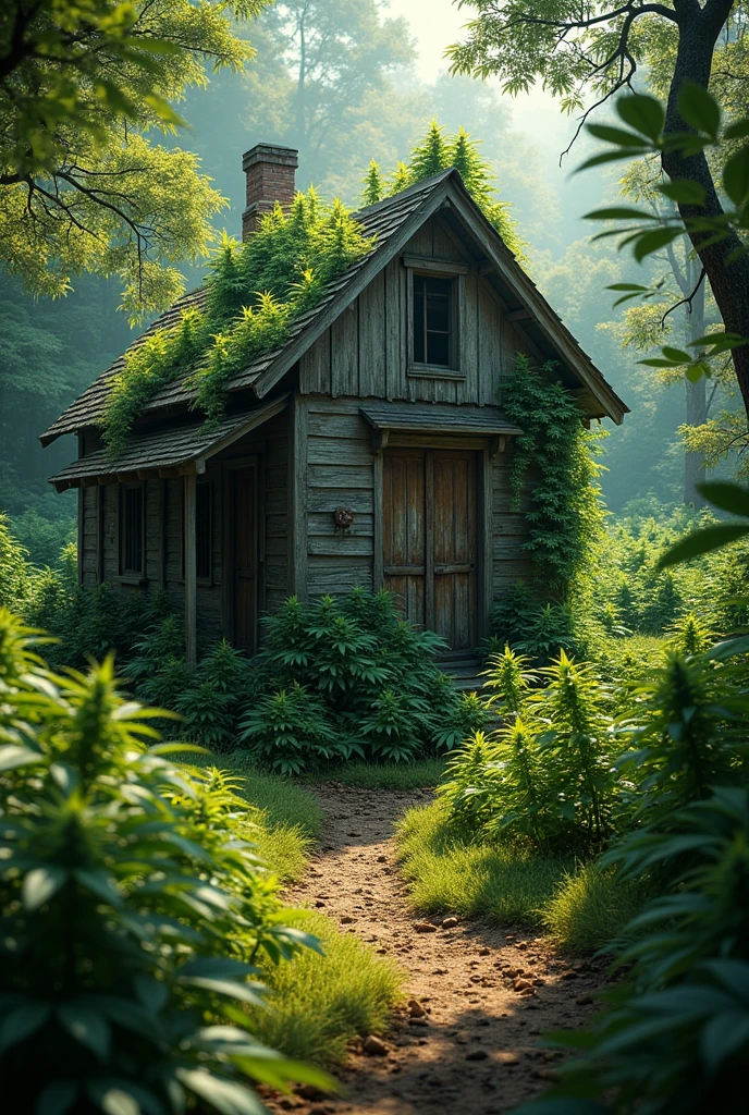 a tiny abandoned wooden house, overgrown with cannabis plants, surrounded by a lush forest, detailed foliage, beautiful lighting, photorealistic, highly detailed, cinematic, (best quality,4k,8k,highres,masterpiece:1.2),ultra-detailed,(realistic,photorealistic,photo-realistic:1.37),cinematic lighting,dramatic shadows,moody atmosphere,intricate details,vivid colors,natural tones
