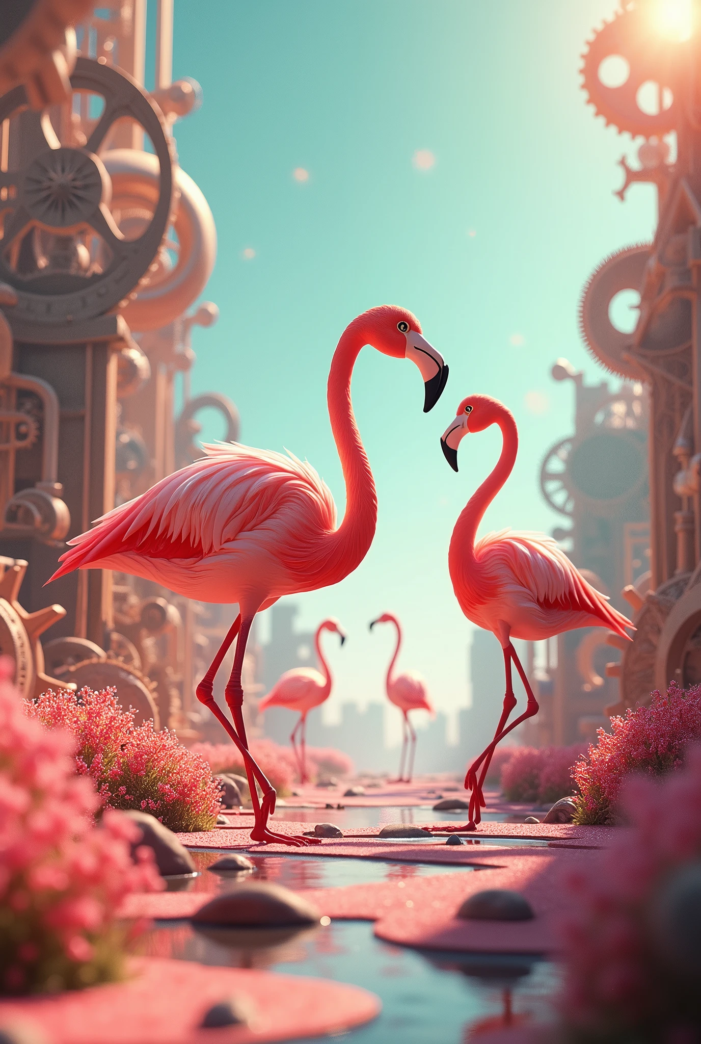 a world of pinks and teals,
Where flamingos dance on heels,
Gears turn with rhythmic grace,
In a clockwork, dreamlike space.
Feathers bright, in sunlight's gleam,
Mechanical wonders, like a dream,