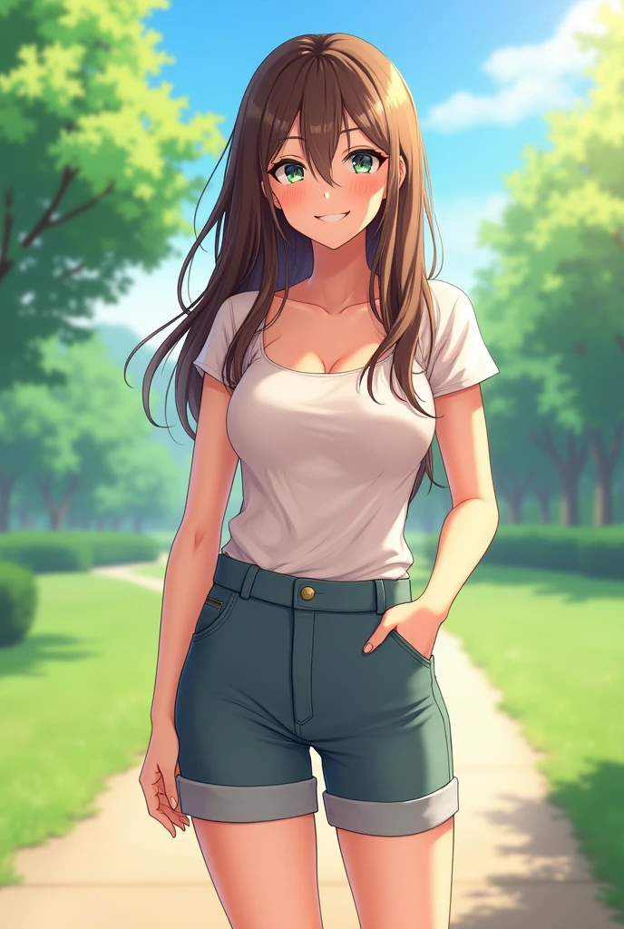 Brunette woman in full shorts
