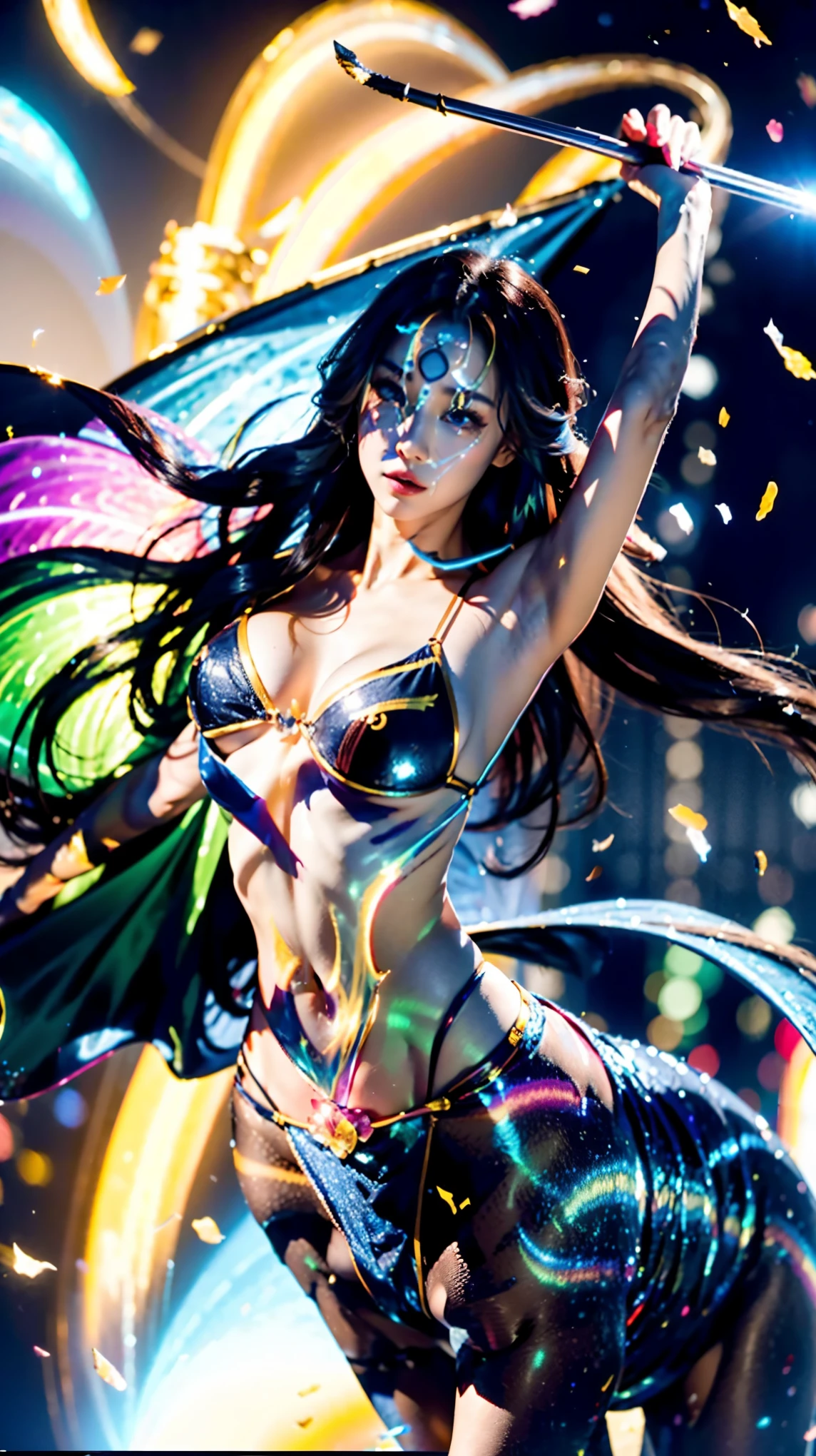 In the illustration of this super-grand scene,We enjoyed a fascinating sight,The various characteristics of the multiverse converge to fill the picture with brilliant colors。In this intoxicating scene,Our camera captured a mysterious(Centaur,Half man, half horse:1.875)Dancer,She was half-dressed,Graceful,Dance on the water。Her magic dance has many different styles of movements,And keep changing her clothing style,Blend in with the beauty of the surroundings,Adds an unpredictable charm to the whole scene。Dancer的舞蹈令人陶醉,Her rainbow cape flutters behind her like wings。This cape consists of different styles、color、Made from small parts of materials and styles,The extremely long train is gorgeous and elegant。Her dancing trajectory is accompanied by the glare effects of neon lights and magical stars,Sometimes, a giant structure appears vaguely in the sky.,Mysterious and elegant, she always blends into the environment,Creates a stimulating atmosphere for the senses。Dancer拥有超高挑的身材和弧度超大的爆炸的曲线,Her body features are full of seductive sexiness。Her physical appearance includes::Mysterious K-cup Sizes(Super huge teardrop-shaped breasts:2.625)The bulge squeezes the tight plastic bra out of shape、Narrowed sternum and waist and abdomen、Charming face、Huge colored eyes of Carslan are troublesome and charming、Makeup、Slender neck、Beauty collarbone、Slender arms、Slender waist and abdomen、Round buttocks and slender long legs,Showcases attractive curves and lines。Use Midjourney's advanced brush tools、Color palettes and texture packs,我们为Dancer的面容、skin、Costumes and rainbow capes give intricate textures,增加了Reality的同时再次(Increase the super-giant teardrop chest contour multiple times and use optical effects to highlight the huge feeling:3.3),She also made her costume and cape blend different materials,Show a variety of styles,From evening gown、To the princess dress、Then to the light gauze dress、Or medical care、Ninja with Fishnet、and Urban Beauty,Full of creativity and fashion,It also makes the whole scene full of dreamy elements,There is an atmosphere of futuristic technology in the starry sky,There are towering cities in the ground,The floating bubbles are shining with neon runes,There are long beaches and small islands on the sea,Plants and fairy tale mythological scenes are intertwined,并让Dancer的舞姿与环境元素相互呼应,Creative。Through Midjourney's powerful tools,We approach it with incredible detail,Bring this grand and ethereal scene to life。整个插画充满了Reality和震撼力,是一幅具有Masterpiece quality和最佳质感的作品。Large wide angle,Ultra-telescopic lens, hdr,(Reality,Masterpiece quality,Best quality),