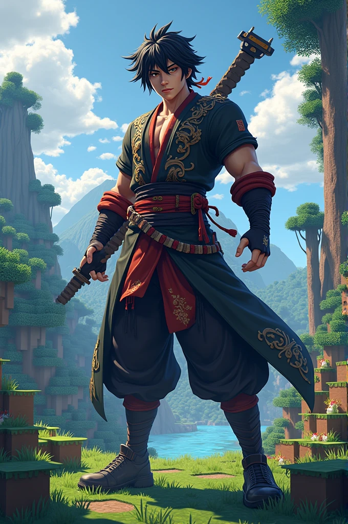 Create yoriichi skin and yoriichi plays written in the background with animated minecraft background