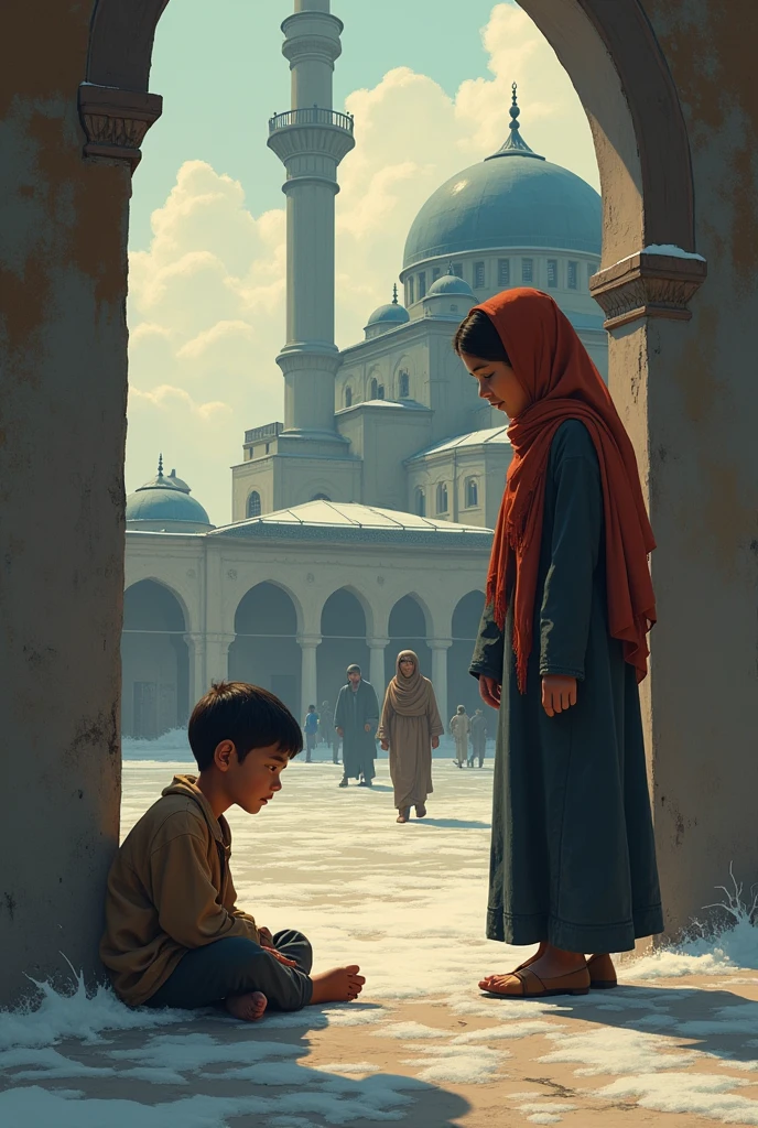 Amina noticed a shivering orphan boy sitting near the village mosque