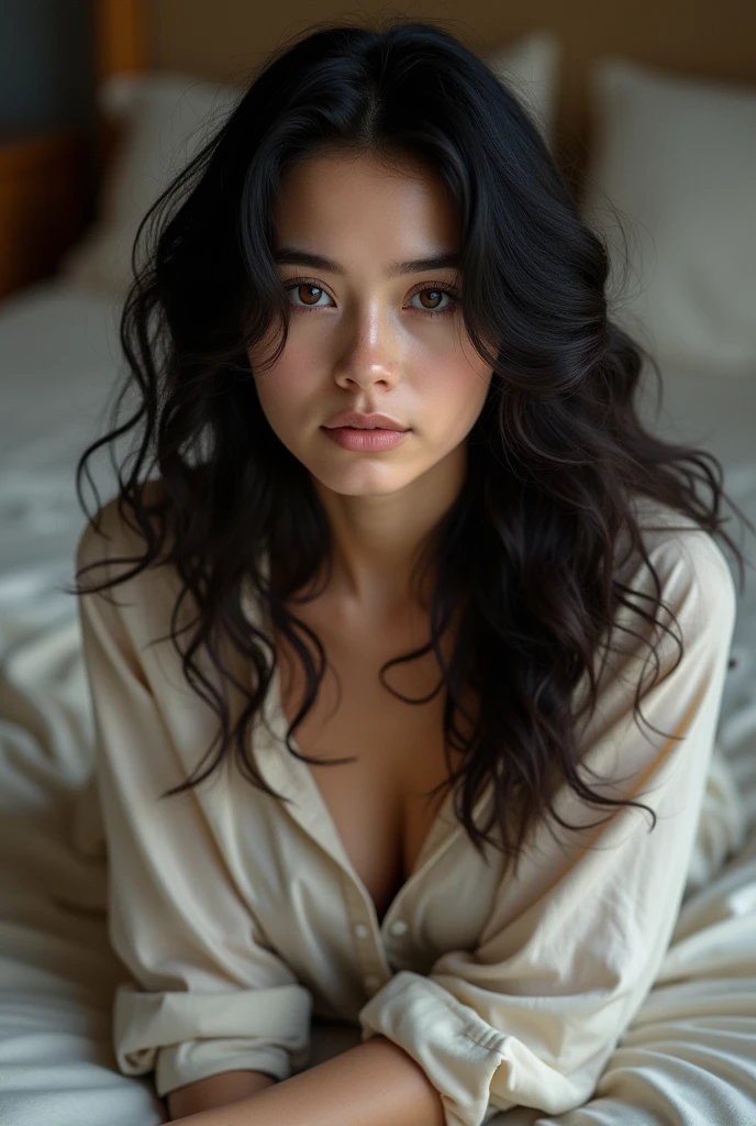 A woman with long curly black hair and light brown eyes sitting on the bed 