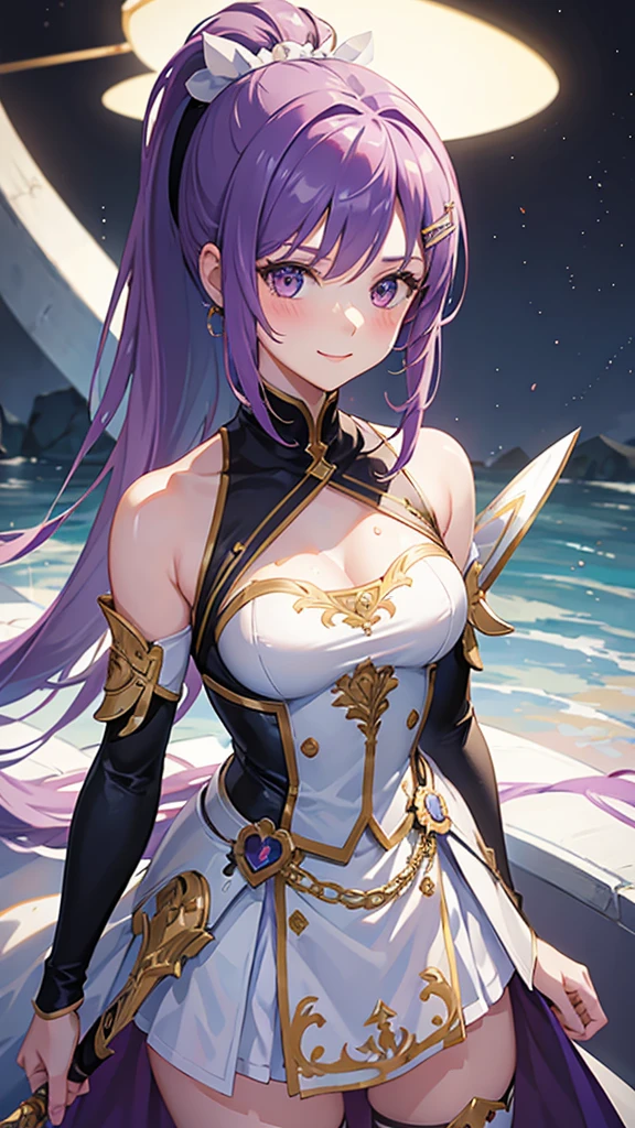 best quality,masterpiece, 1 girl, alone, Model photoshoot, Amazing, Look at users, Smile, blush, Large Breasts,White skirt,purple hair,ponytail hairstyle,Hair clip,Holding a short sword in hand,Sweat,Small cuirass