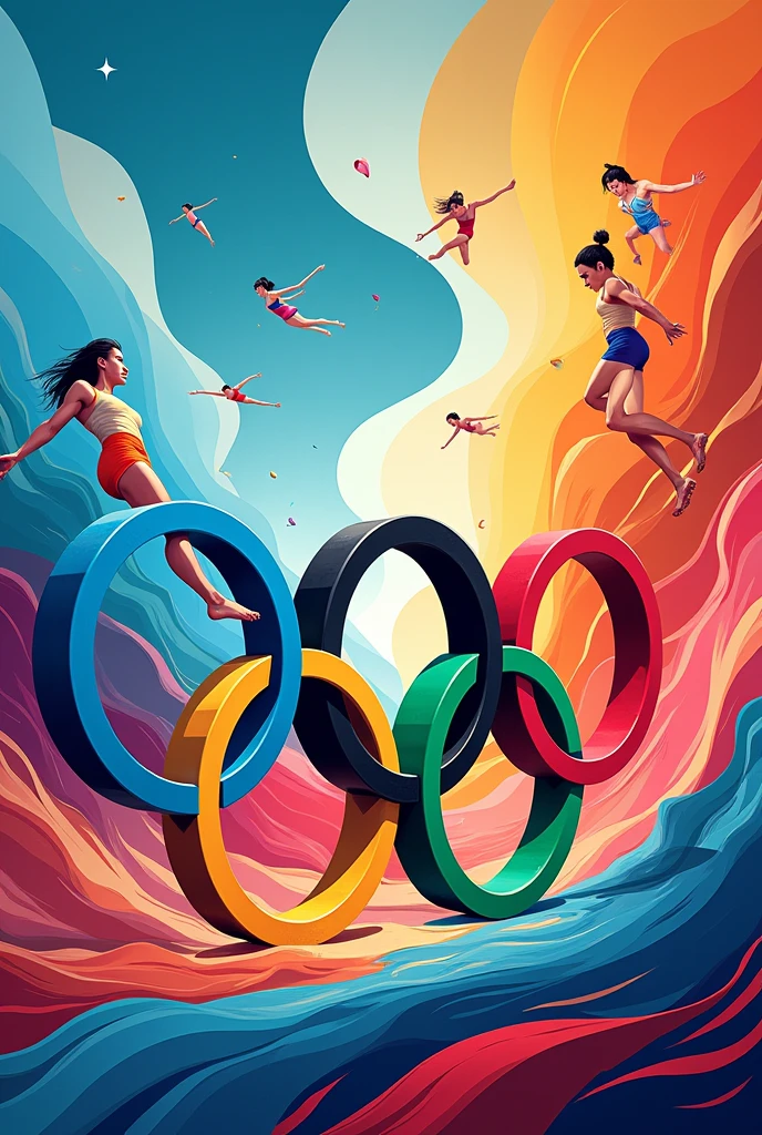 Modern Olympic Symbolism: A vibrant image showing the evolution of the Olympics, with the iconic Olympic rings in the foreground. Behind the rings, there are abstract representations of different Olympic sports like gymnastics, swimming, and running, symbolizing the diversity and growth of the Games over time.