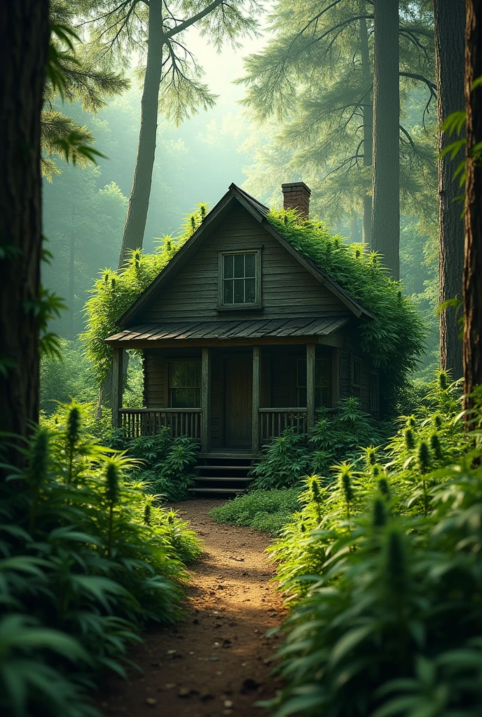 a tiny abandoned wooden house, overgrown with cannabis plants, surrounded by a lush forest, detailed foliage, beautiful lighting, photorealistic, highly detailed, cinematic, (best quality,4k,8k,highres,masterpiece:1.2),ultra-detailed,(realistic,photorealistic,photo-realistic:1.37),cinematic lighting,dramatic shadows,moody atmosphere,intricate details,vivid colors,natural tones. Ganja farm