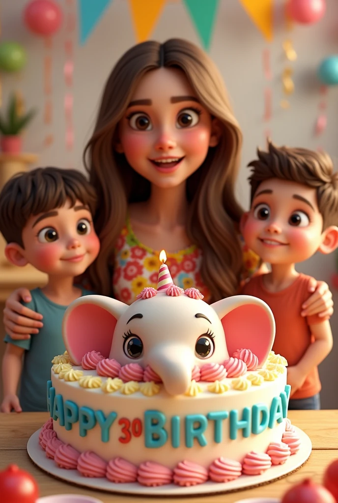 Cute girl with long light brown hair wearing a birthday dress, turning 30 years old,  two cute boys 4 and 2 standing next to a elephant birthday cake that says happy 30th birthday in bright color icing, part decorations in background 3D Pixar style 
