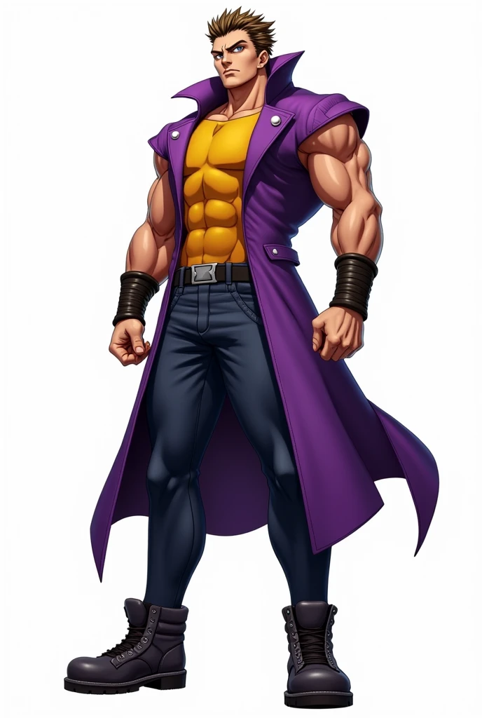 JJBA style, full body image, masterpiece, ultra-detailed, purple sleeveless trench coat, man, leather wristbands, White background, Tactical Boots, shirt #ffba00, JJBA outfit style, JJBA pose