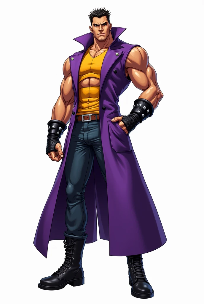 JJBA style, full body image, masterpiece, ultra-detailed, purple sleeveless trench coat, man, leather wristbands, White background, Tactical Boots, shirt #ffba00, JJBA outfit style, JJBA pose