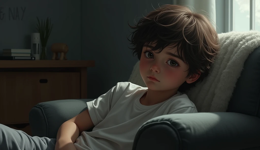 A beautiful and very sad boy, ,  overwhelmed by grief, with beautiful face, European traits, light eyes, the broken heart, without illusions, and with a lot of feeling, In his bedroom, sitting in an armchair.