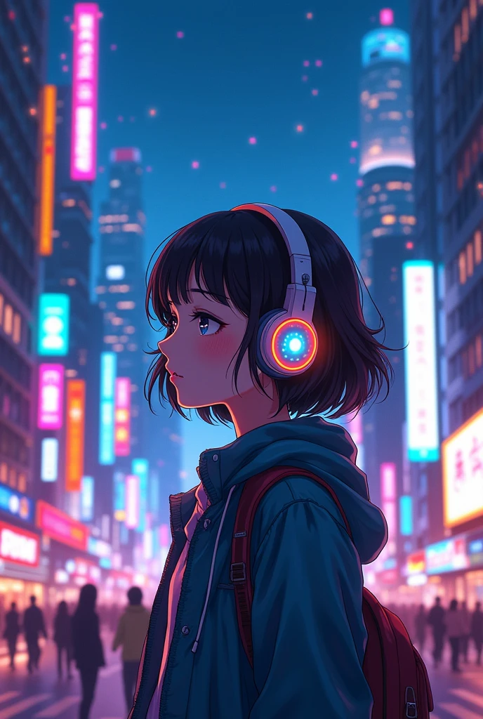 ８Ｋ(Highest quality）（masterpiece）City of night、Girl wearing headphones and listening to music、Colorful、Anime drawings、16:9