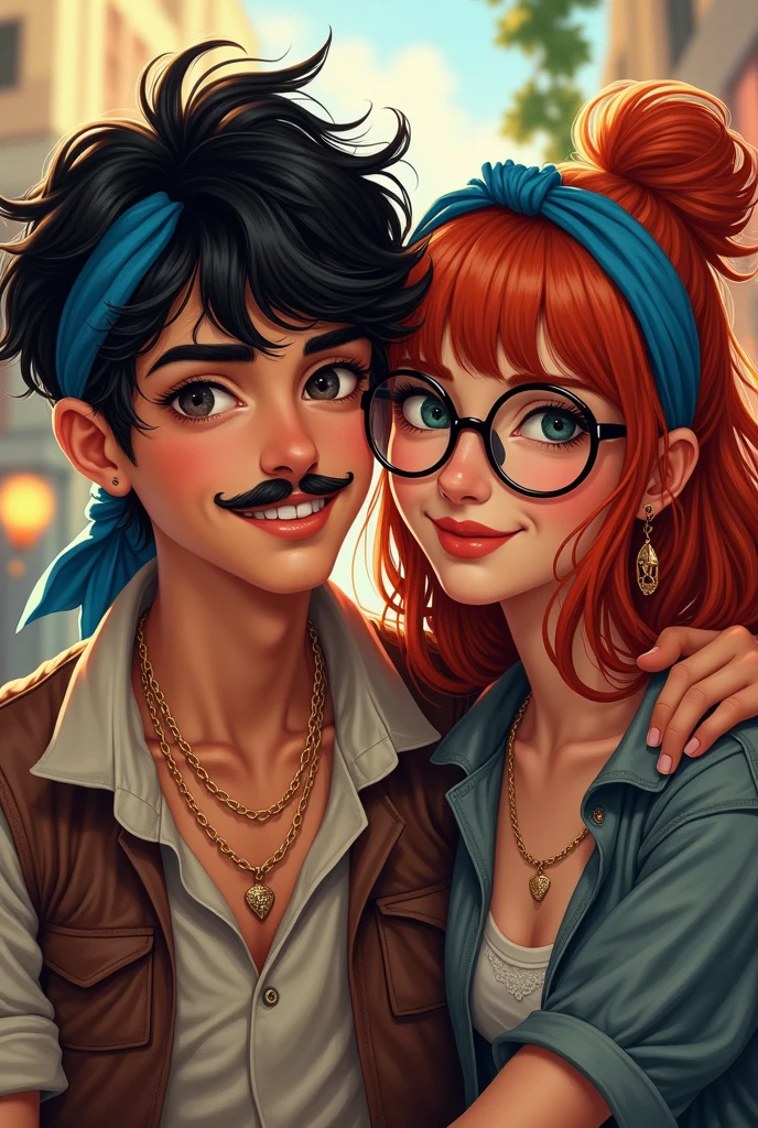 a boy with black curly hair and a blue bandana on his head , with black eyes, mustache, with his red-haired girlfriend , with bangs, round lenses