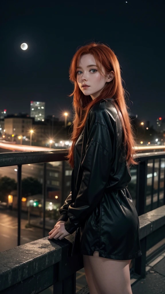 Redheaded Irish Girl, leaning on the railing of a bridge that overlooks a road to the city center, with cars passing by, on a waning moon night, and she is wearing black clothes