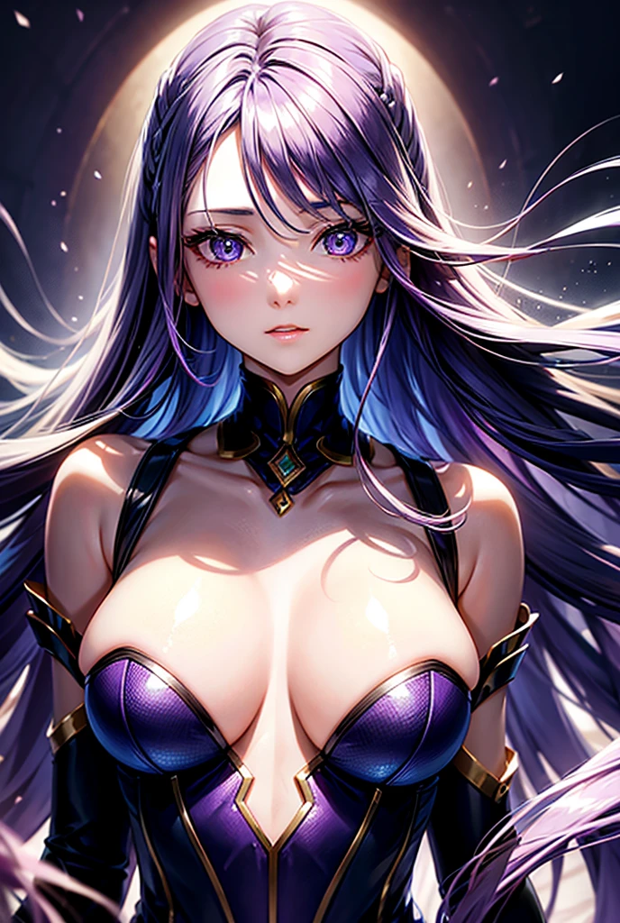 Portrait of a woman with purple hair。Her hair flows down to her shoulders、Swaying gracefully。The expression is calm and relaxed、Her bright, clear eyes contrast with her fair skin.。The background is a blue and purple gradient、It creates a mysterious and fantastical atmosphere.。She is dressed in modern and elegant clothes.、There are subtle metallic accents、Gives a futuristic feel
