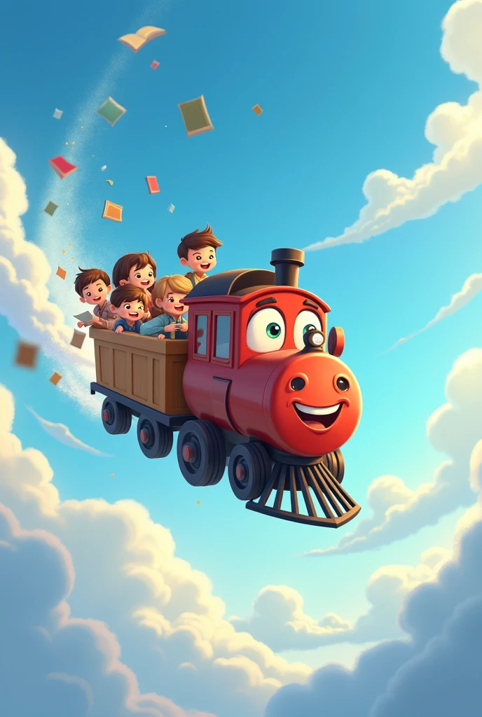 A small cartoon train carrying books and children flies through the clouds to school.