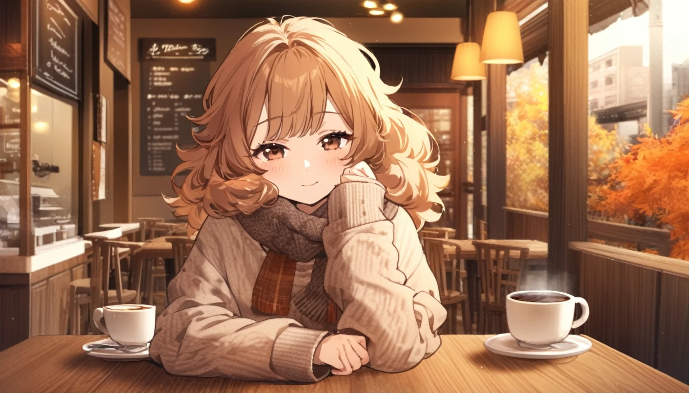 Highest quality,coffee shop, A cup of coffee is placed on the table.,girl,Fluffy hair,Autumn Clothes,A faint smile, Cozy and quaint background,Wooden furniture and warm colors