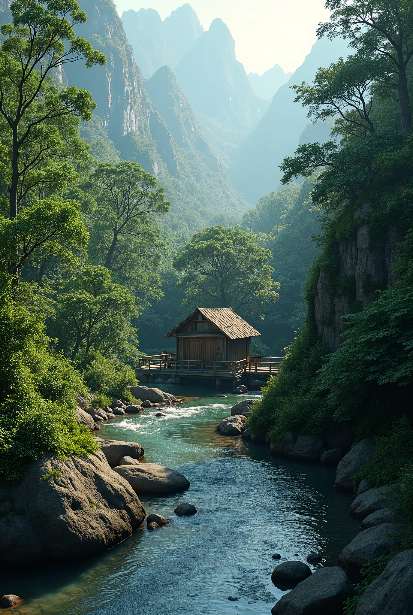 Photorealism 1.2 high definition 8k realistic realism hut at river bank rainforest mountain from above bird eyes view river stream rock on river bird bypass