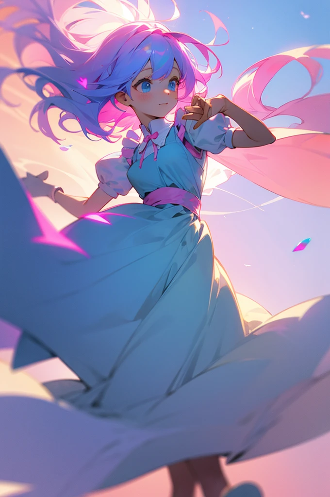 Pink and light blue hair、Girl、In a fantastic light、Perfect Face、Cute face、Blue sky、Maid clothes、Light dances、farewell