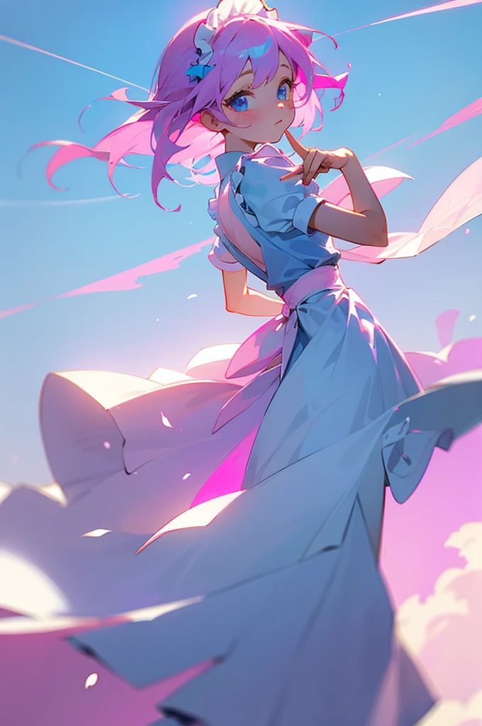 Pink and light blue hair、Girl、In a fantastic light、Perfect Face、Cute face、Blue sky、Maid clothes、Light dances、farewell