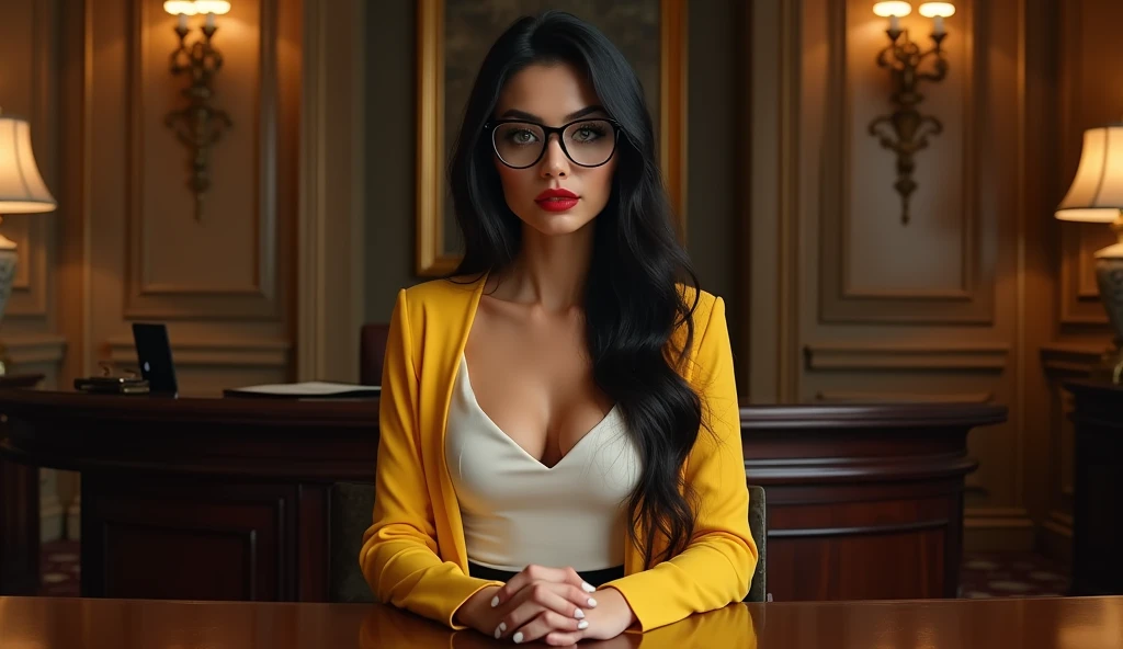 ultra realistic, photography, long black straight hair, elegant hair, (30 years old, hazel eyes, hourglass figure, perfect fit body, natural big breasts), firtatious look, crimson red lipstick, femme fatale, long eyelashes, cat-eye make-up, (best quality,4k,8k,highres,masterpiece:1.2),ultra-detailed, secretary, female, glasses, short white dress, Yellow overshirt, black pantyhose, heels, sitting at the front desk of huge law firm, HDR, 8k, absurdres, cinestill 800, sharp focus, add_detail:2, (solo, woman), full body, wide angle, extreme wide angle