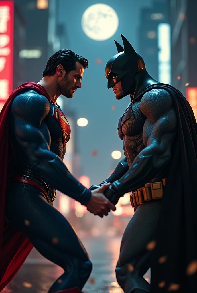  Anime hd quality Superman and batman in night in action closeup shot aesthetic 