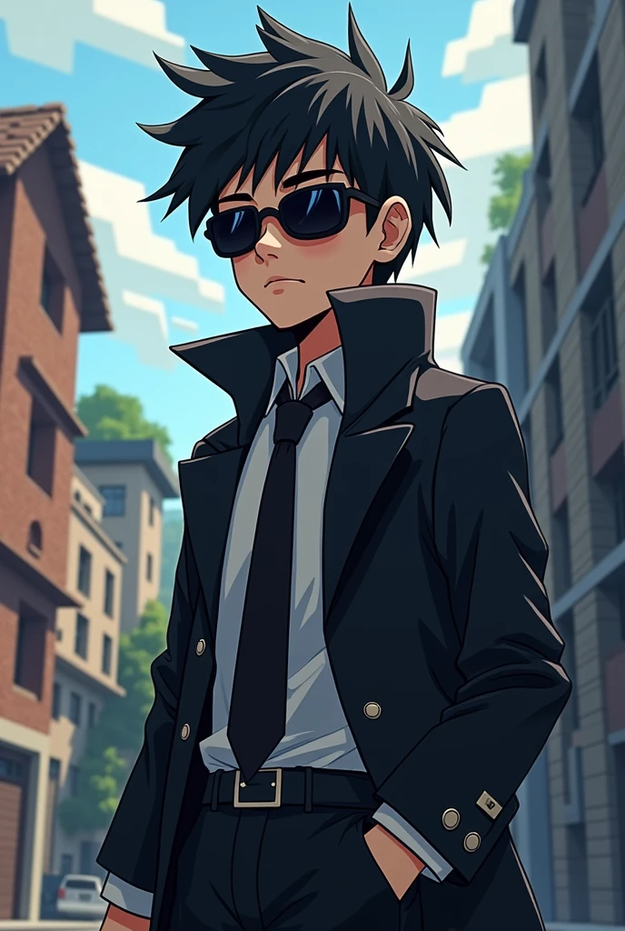 A boy wearing black jakat,a black sunglass,anime Type, black tai, mincraft theme