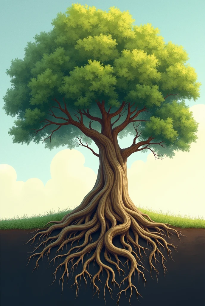 Imagine a tree. The tree's roots represent the family, deeply anchoring it into the ground. These roots provide essential nutrients and stability, much like how family values, traditions, and support shape your foundation. The trunk of the tree symbolizes your personal growth, drawing strength from these roots. Branches and leaves represent the different aspects of your life—your career, relationships, and hobbies—that flourish and extend from the core foundation provided by your family. This image illustrates how the strength and direction of the tree are influenced by its roots, just as your identity and life path are shaped by your family background