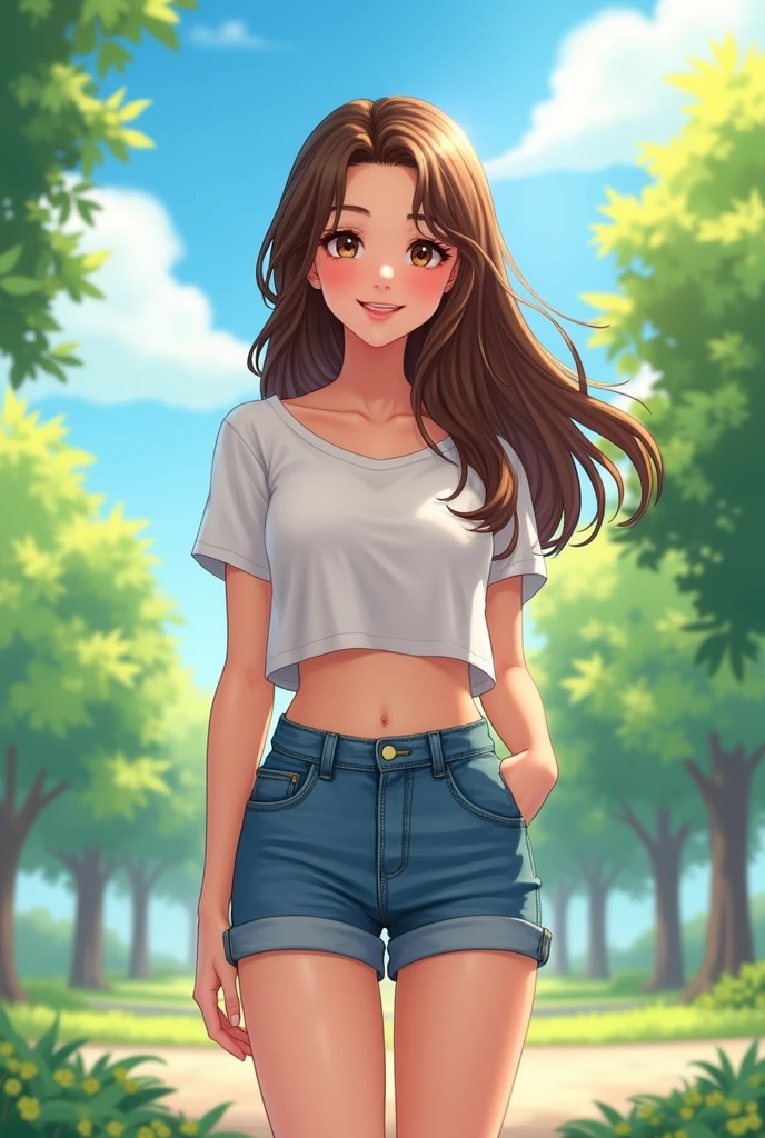 Brunette woman in full shorts