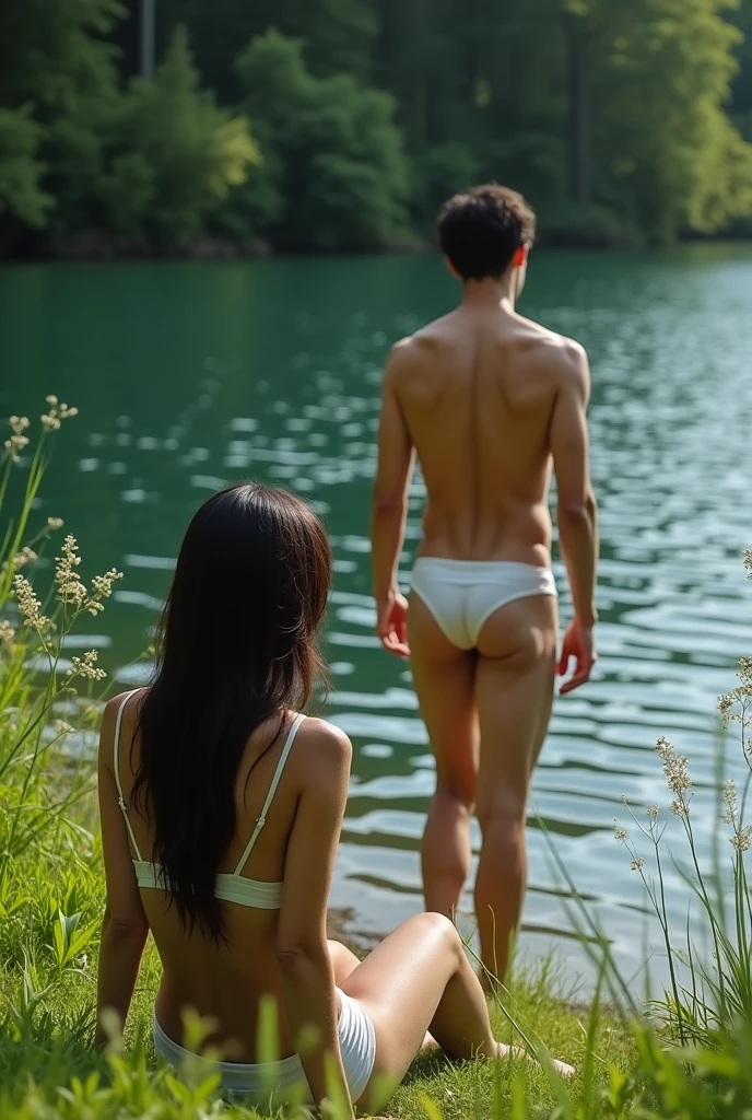 Like real photo, a meadow by a forest lake, she is about 175cm tall, black long hair,wears white underwear,her panties have slipped,he is about 185cm tall, black short hair with glasses naked,  he goes towards the lake to swim,she lies on the meadow and sunbathes. 